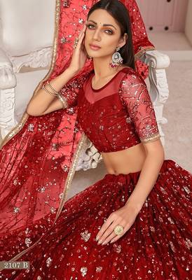 Red Net Embroidered & Zari Work Semi Stitched Lehenga Choli 3