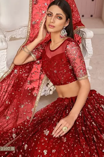 Red Net Embroidered & Zari Work Semi Stitched Lehenga Choli