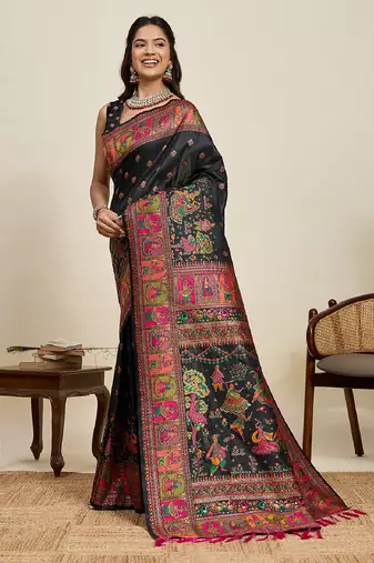 black minakari and zari work ful border silk blend saree with blouse