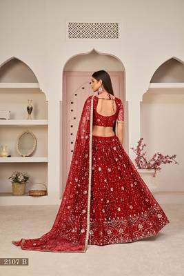 Red Net Embroidered & Zari Work Semi Stitched Lehenga Choli 4