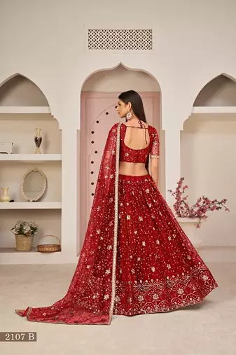 Red Net Embroidered & Zari Work Semi Stitched Lehenga Choli