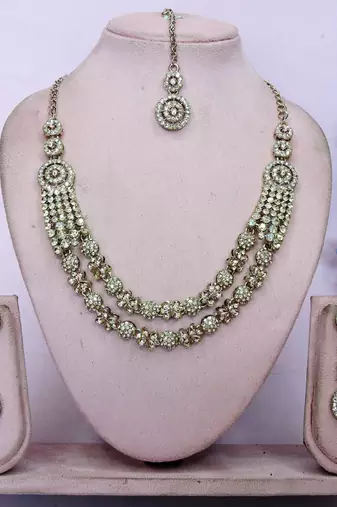 Gold yellow gold premium designer american diamond and stone work necklace set
