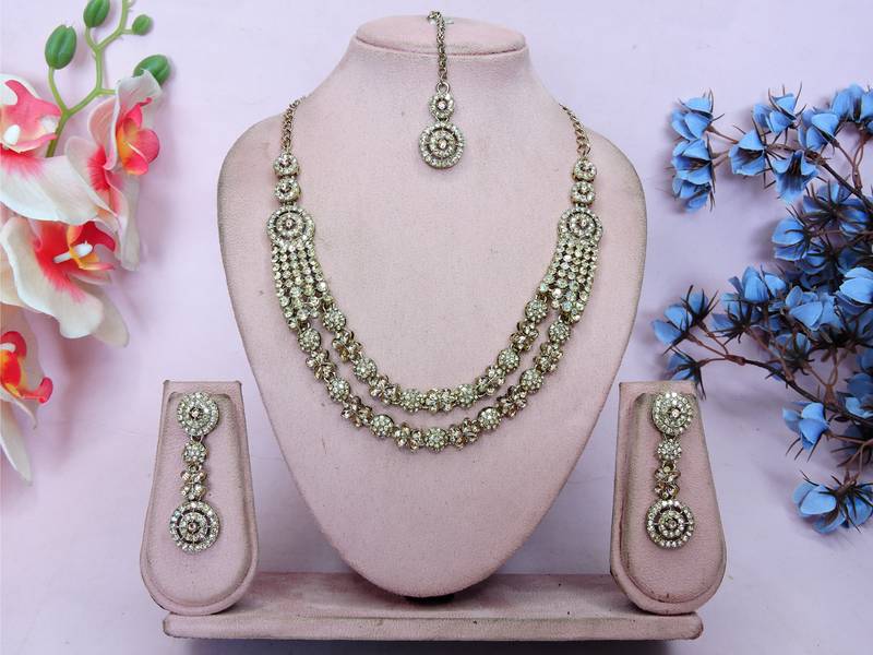 Gold yellow gold premium designer american diamond and stone work necklace set