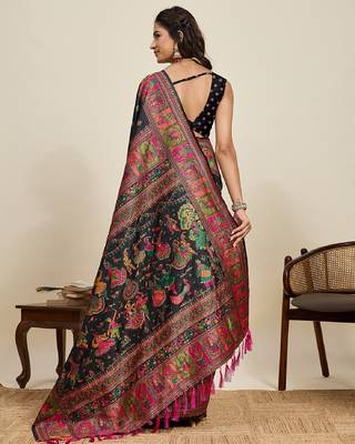 black minakari and zari work ful border silk blend saree with blouse 4