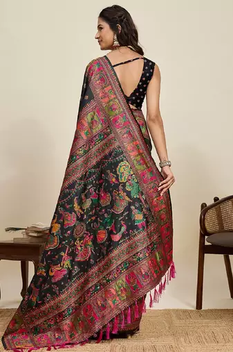 black minakari and zari work ful border silk blend saree with blouse