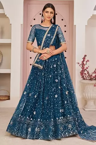 Peach Net Embroidered & Zari Work Semi Stitched Lehenga Choli