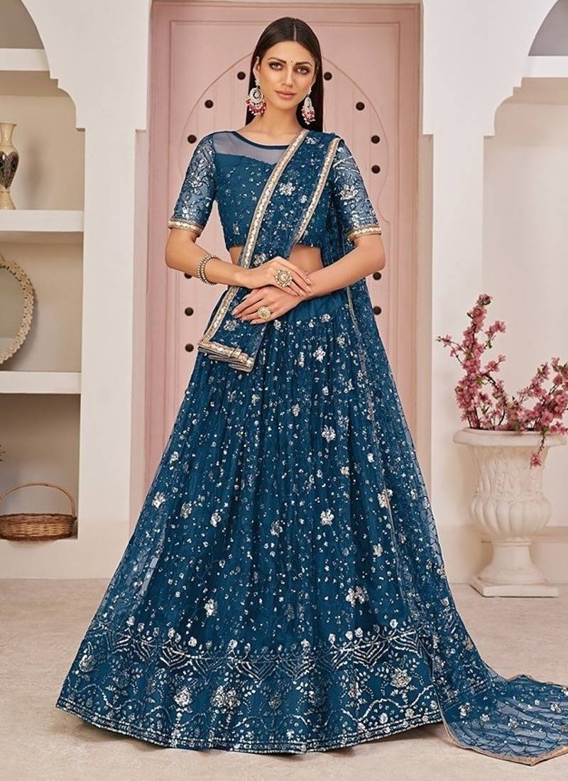 Peach Net Embroidered & Zari Work Semi Stitched Lehenga Choli