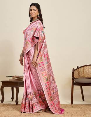 pink minakari and zari work color ful border silk blend saree with blouse 1
