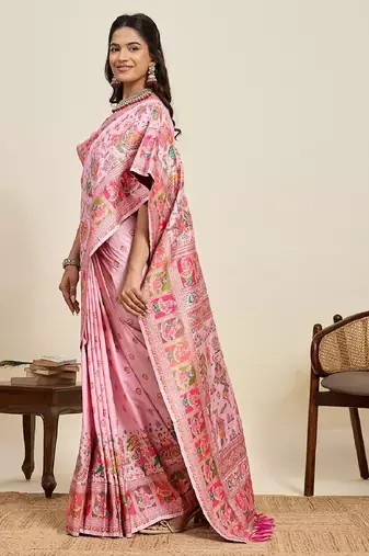 pink minakari and zari work color ful border silk blend saree with blouse