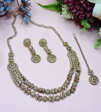 Gold yellow gold premium designer american diamond and stone work necklace set 2
