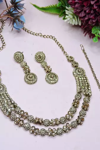 Gold yellow gold premium designer american diamond and stone work necklace set