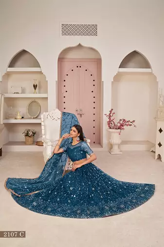 Peach Net Embroidered & Zari Work Semi Stitched Lehenga Choli