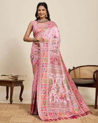 pink minakari and zari work color ful border silk blend saree with blouse 2