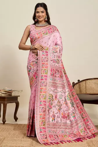 pink minakari and zari work color ful border silk blend saree with blouse