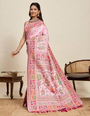 pink minakari and zari work color ful border silk blend saree with blouse 3