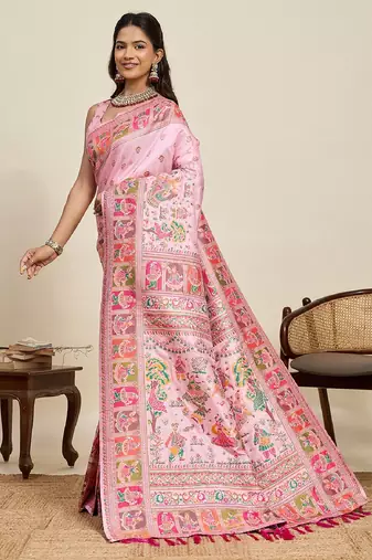 pink minakari and zari work color ful border silk blend saree with blouse