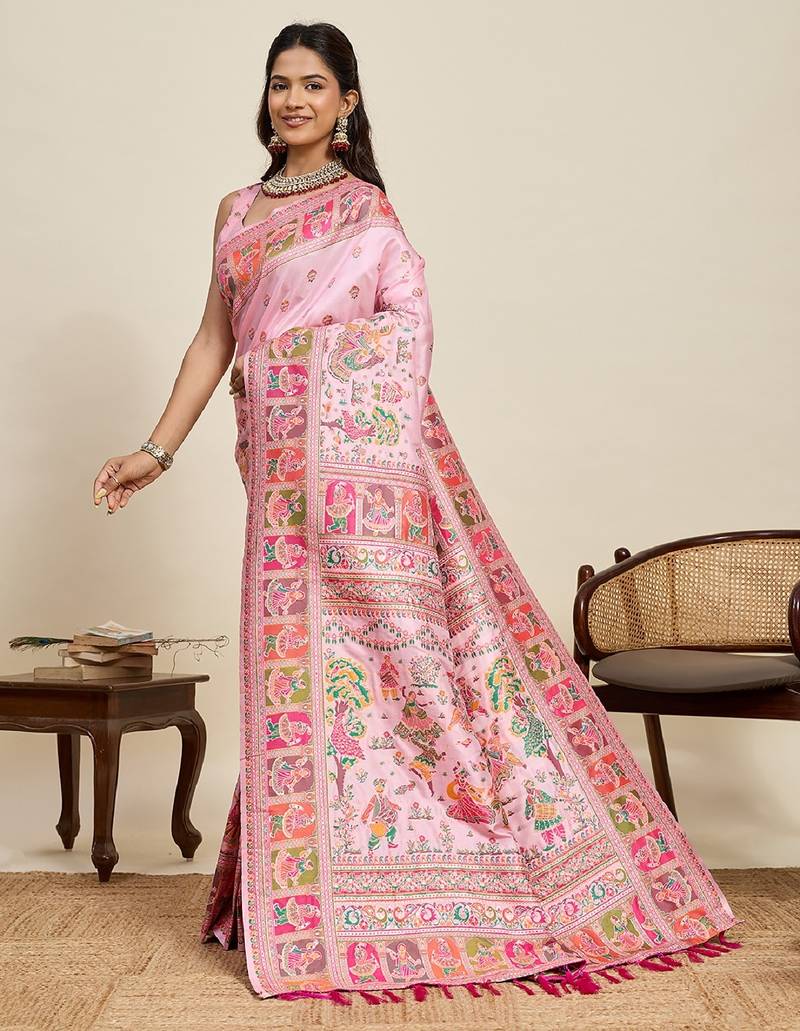 pink minakari and zari work color ful border silk blend saree with blouse