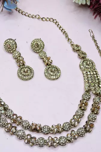 Gold yellow gold premium designer american diamond and stone work necklace set
