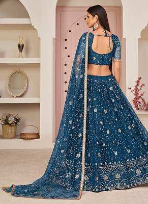 Peach Net Embroidered & Zari Work Semi Stitched Lehenga Choli 4