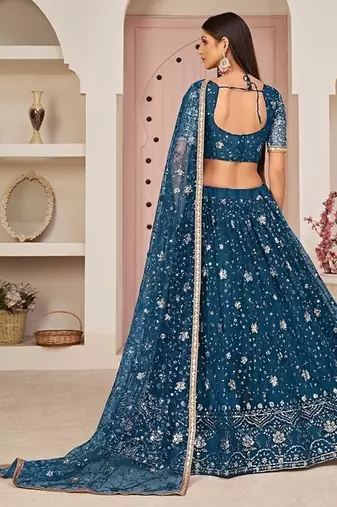 Peach Net Embroidered & Zari Work Semi Stitched Lehenga Choli