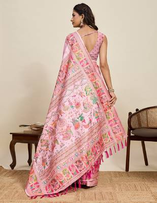 pink minakari and zari work color ful border silk blend saree with blouse 4