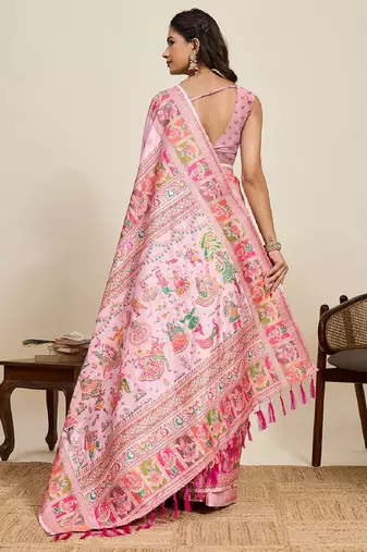 pink minakari and zari work color ful border silk blend saree with blouse