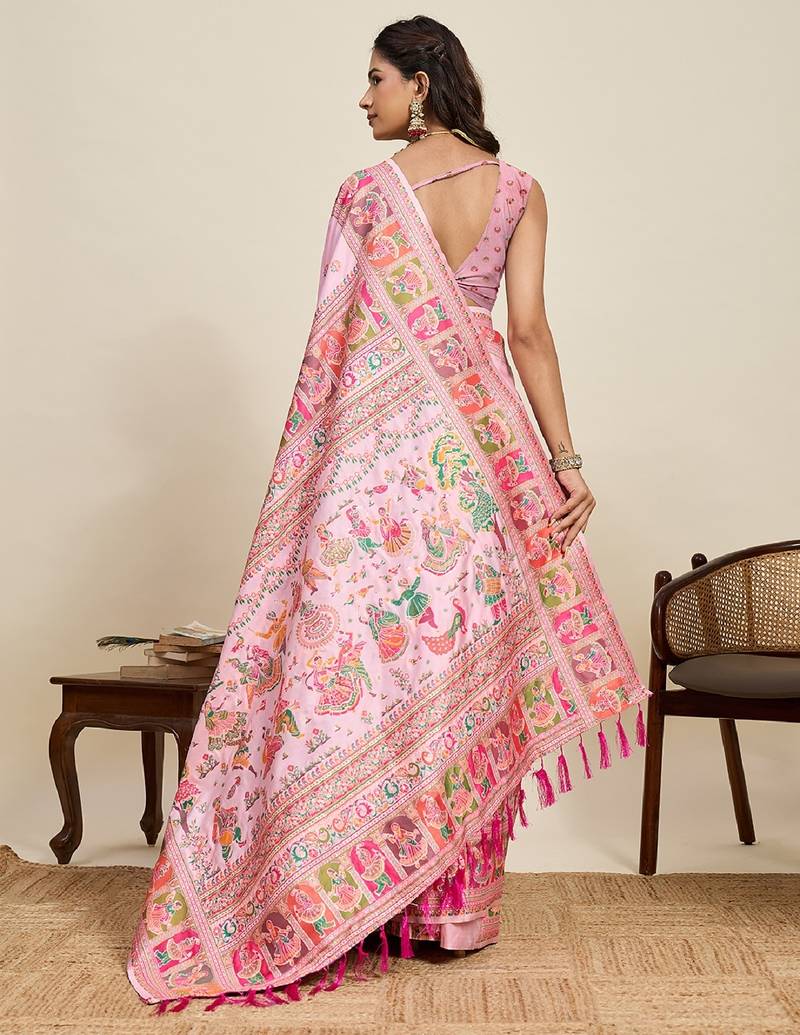 pink minakari and zari work color ful border silk blend saree with blouse