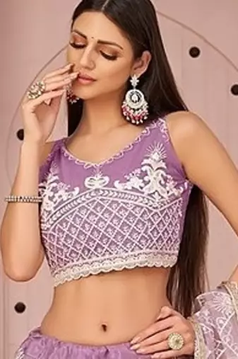 Lavender Net Embroidered & Zari Work Semi Stitched Lehenga Choli