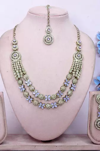Purple yellow gold premium designer american diamond and stone work necklace set