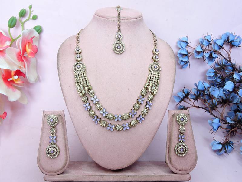 Purple yellow gold premium designer american diamond and stone work necklace set