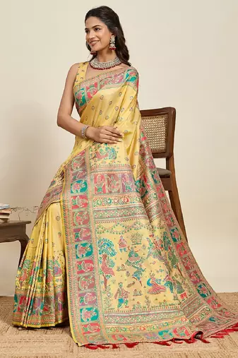 yellow minakari and zari work ful border silk blend saree with blouse