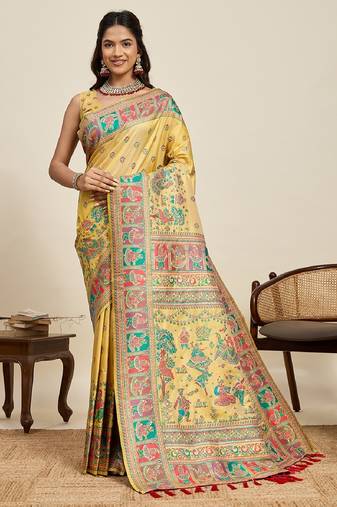 yellow minakari and zari work ful border silk blend saree with blouse