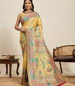 yellow minakari and zari work ful border silk blend saree with blouse