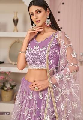 Lavender Net Embroidered & Zari Work Semi Stitched Lehenga Choli 1