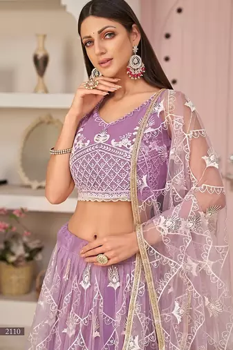 Lavender Net Embroidered & Zari Work Semi Stitched Lehenga Choli