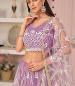 Lavender Net Embroidered & Zari Work Semi Stitched Lehenga Choli