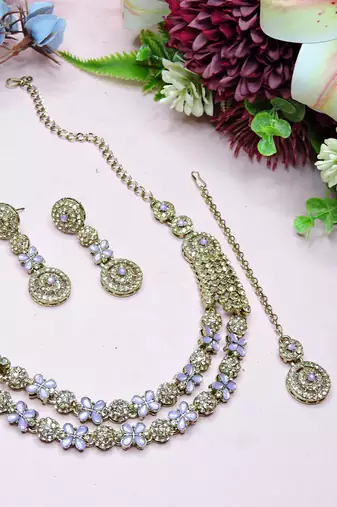 Purple yellow gold premium designer american diamond and stone work necklace set