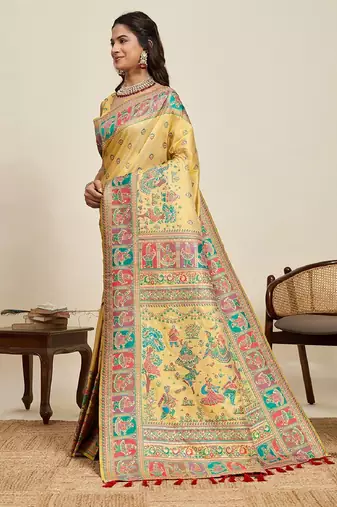 yellow minakari and zari work ful border silk blend saree with blouse