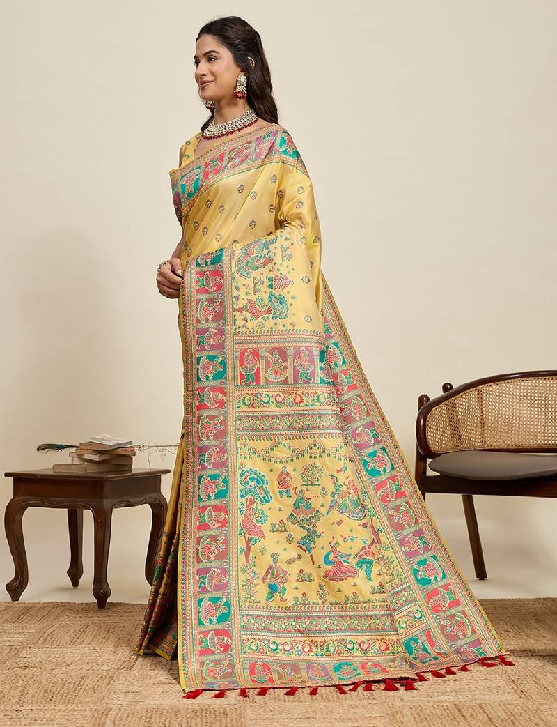 yellow minakari and zari work ful border silk blend saree with blouse
