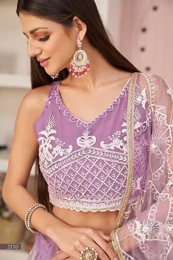 Lavender Net Embroidered & Zari Work Semi Stitched Lehenga Choli