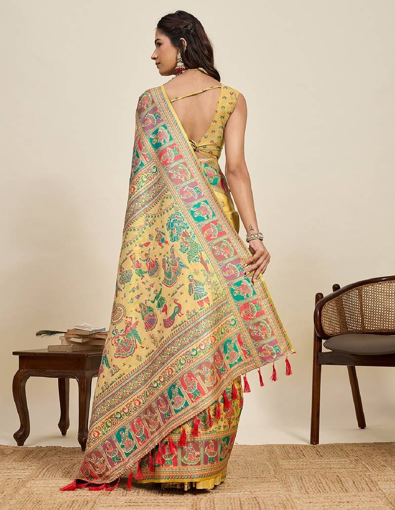 yellow minakari and zari work ful border silk blend saree with blouse