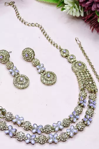 Purple yellow gold premium designer american diamond and stone work necklace set