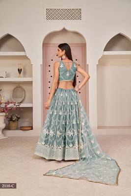 Blue Net Embroidered & Zari Work Semi Stitched Lehenga Choli 2