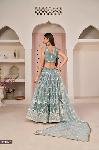 Blue Net Embroidered & Zari Work Semi Stitched Lehenga Choli