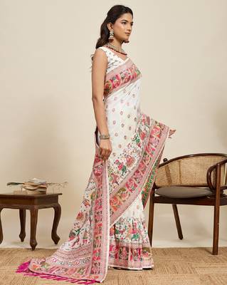 white minakari and zari work color ful border silk blend saree with blouse 1