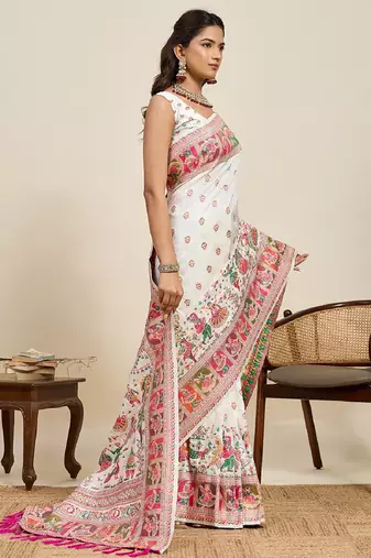 white minakari and zari work color ful border silk blend saree with blouse