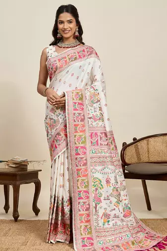 white minakari and zari work color ful border silk blend saree with blouse