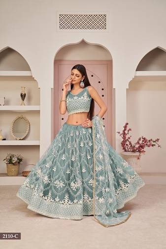Blue Net Embroidered & Zari Work Semi Stitched Lehenga Choli