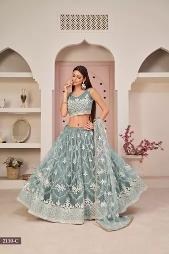 Blue Net Embroidered & Zari Work Semi Stitched Lehenga Choli