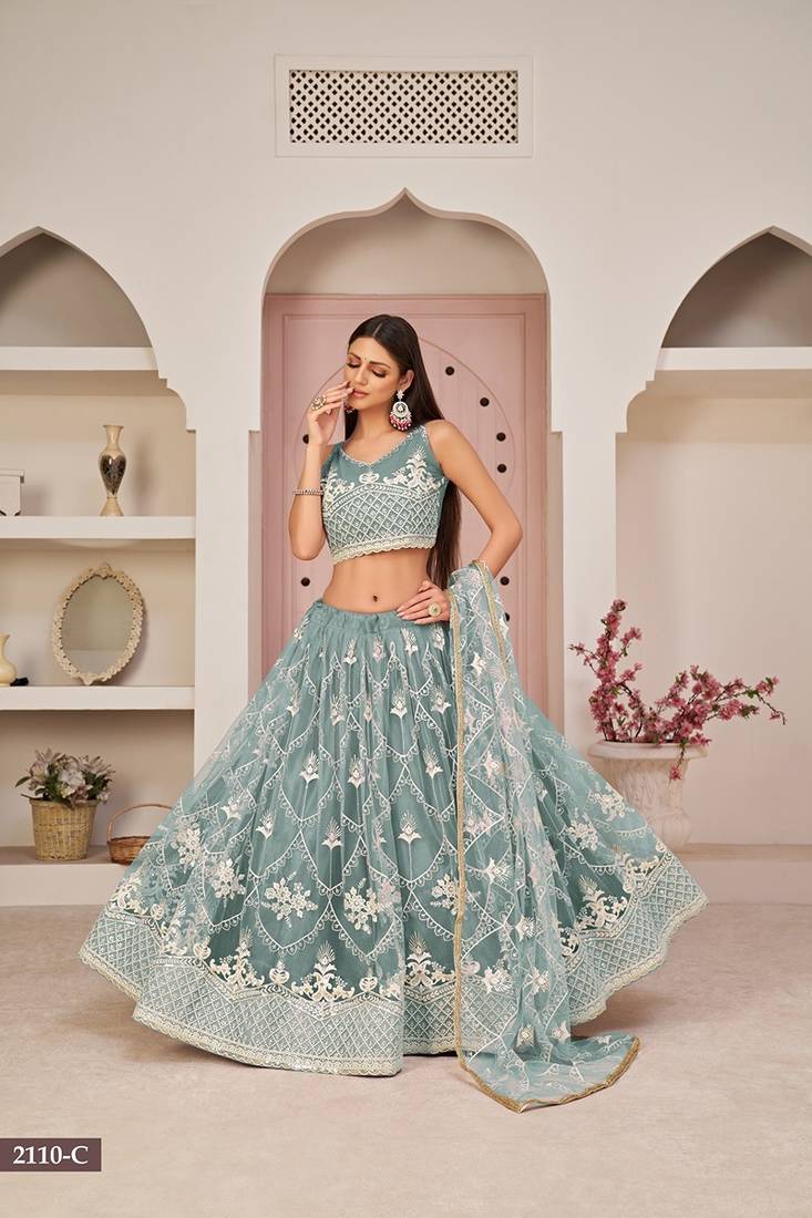 Blue Net Embroidered & Zari Work Semi Stitched Lehenga Choli